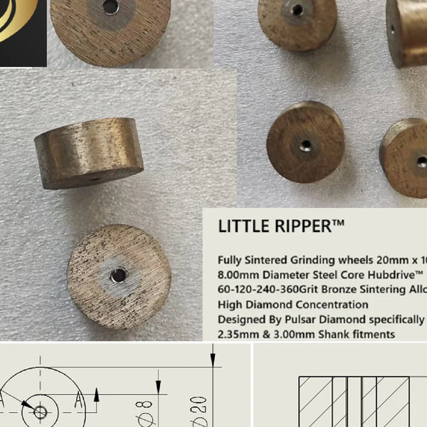PULSAR DIAMOND® Little Ripper Fully sintered diamond Bronze Grinding wheel 120rit 20mm x10mm Choice of 2.35mm or 3.00mm shank Lot B4-Axxx