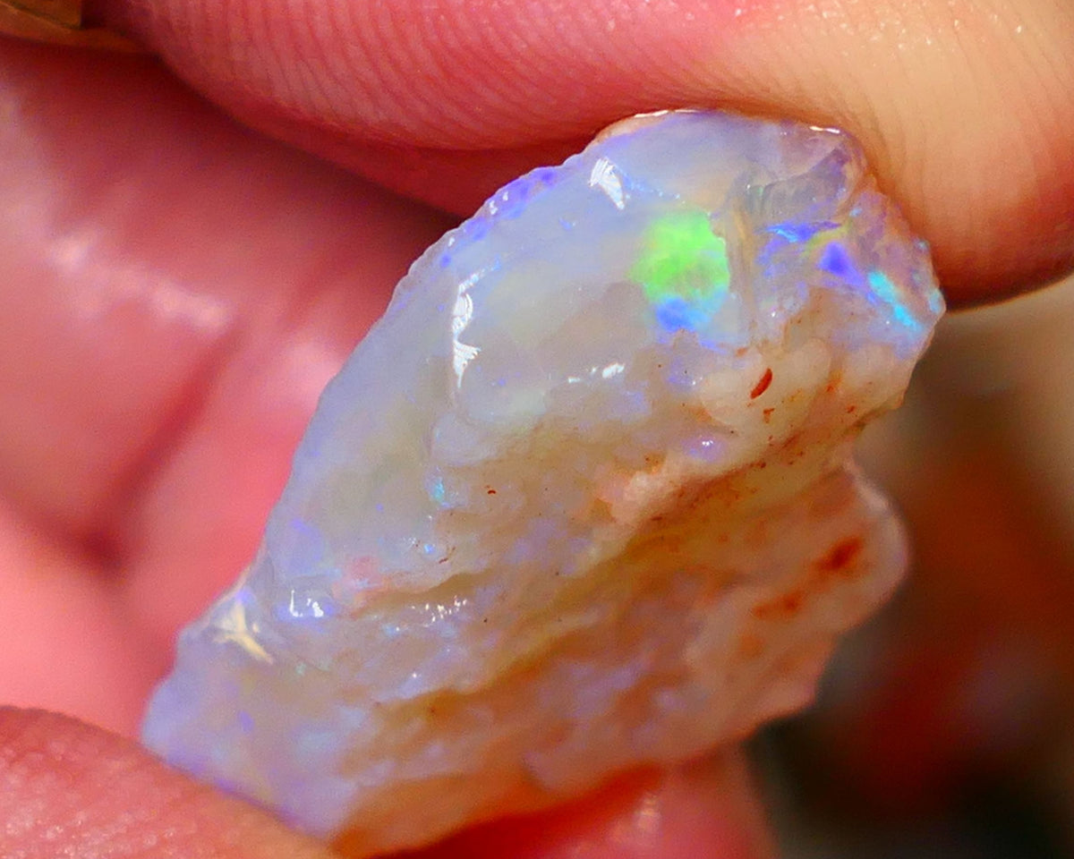 Big sized Coober Pedy Crystal Seam opal rough 24.00cts Thick bar with blue/green/yellow fires 29x17x8mm Lot B4-A049