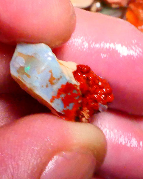 Some Flashes of Greens & Blue fires 11.75cts Coober Pedy Dark base seam opal rough gamble 21x13x9mm Lot B4-A417