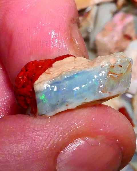Some Flashes of Greens & Blue fires 11.75cts Coober Pedy Dark base seam opal rough gamble 21x13x9mm Lot B4-A417