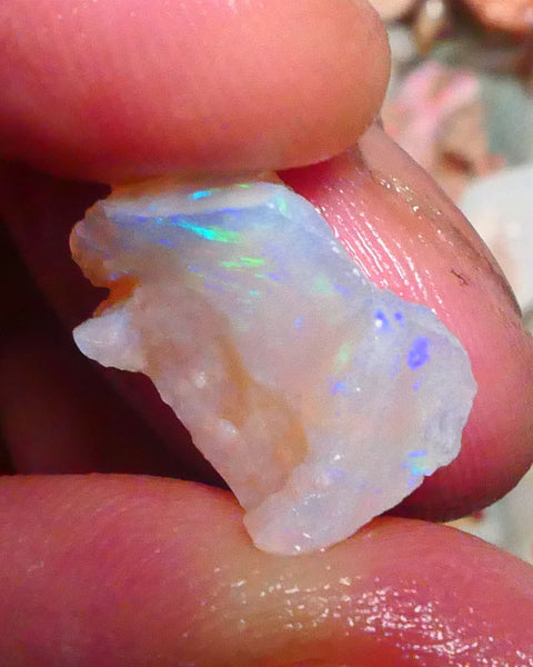 Blue/Green dominant M.fires to chase 7.50cts Coober Pedy Light base Crystal Gamble opal rough 17x11x8mm  Lot B4-A418