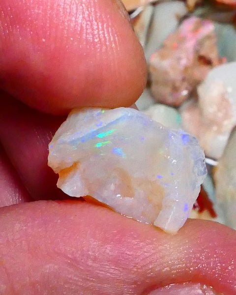 Blue/Green dominant M.fires to chase 7.50cts Coober Pedy Light base Crystal Gamble opal rough 17x11x8mm  Lot B4-A418