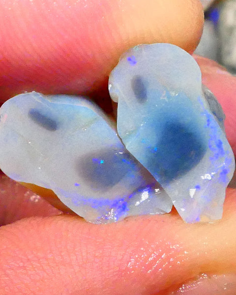 Grey Base knobby opal rough split 16.00cts Lightning Ridge Displaying Blues to chase 16x13x8mm & 17x10x9mm  Lot B4-A266