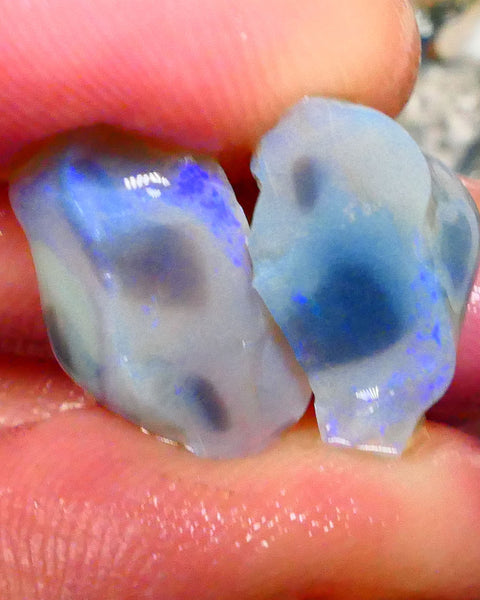 Grey Base knobby opal rough split 16.00cts Lightning Ridge Displaying Blues to chase 16x13x8mm & 17x10x9mm  Lot B4-A266