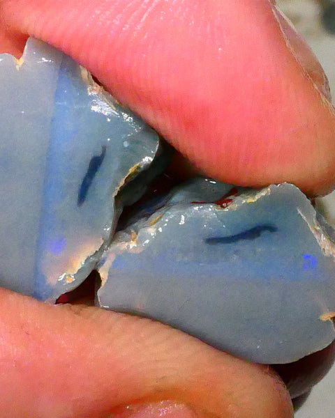 Dark Base knobby opal rough split 28.00cts some Light Blue fires in the bars to chase & Explore 20x15x10mm & 18x12x10mm Lot B4-A399