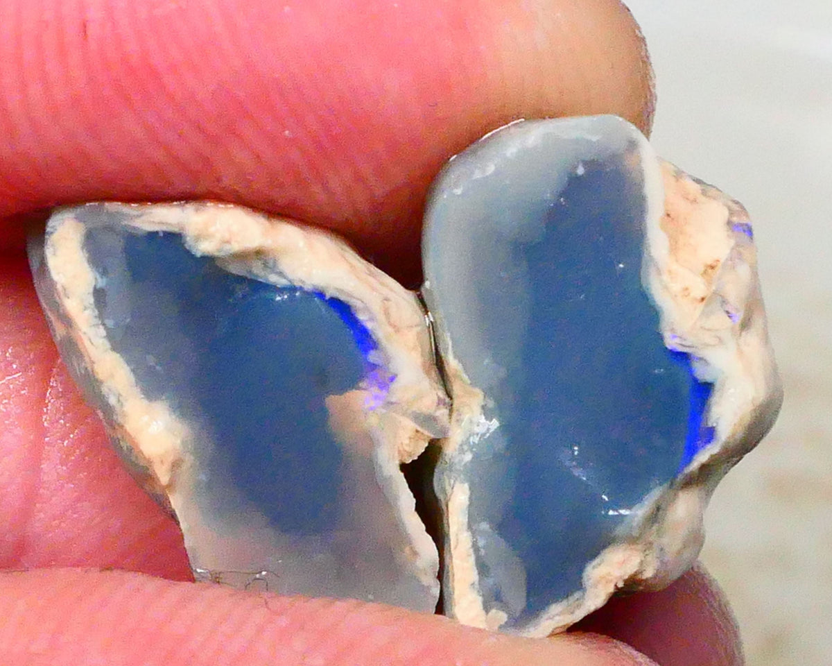 Dark Base knobby opal rough split 15.00cts Lighting Ridge Small area of bar showing some blues 16x11x9mm & 15x10x9mm  Lot B4-A390