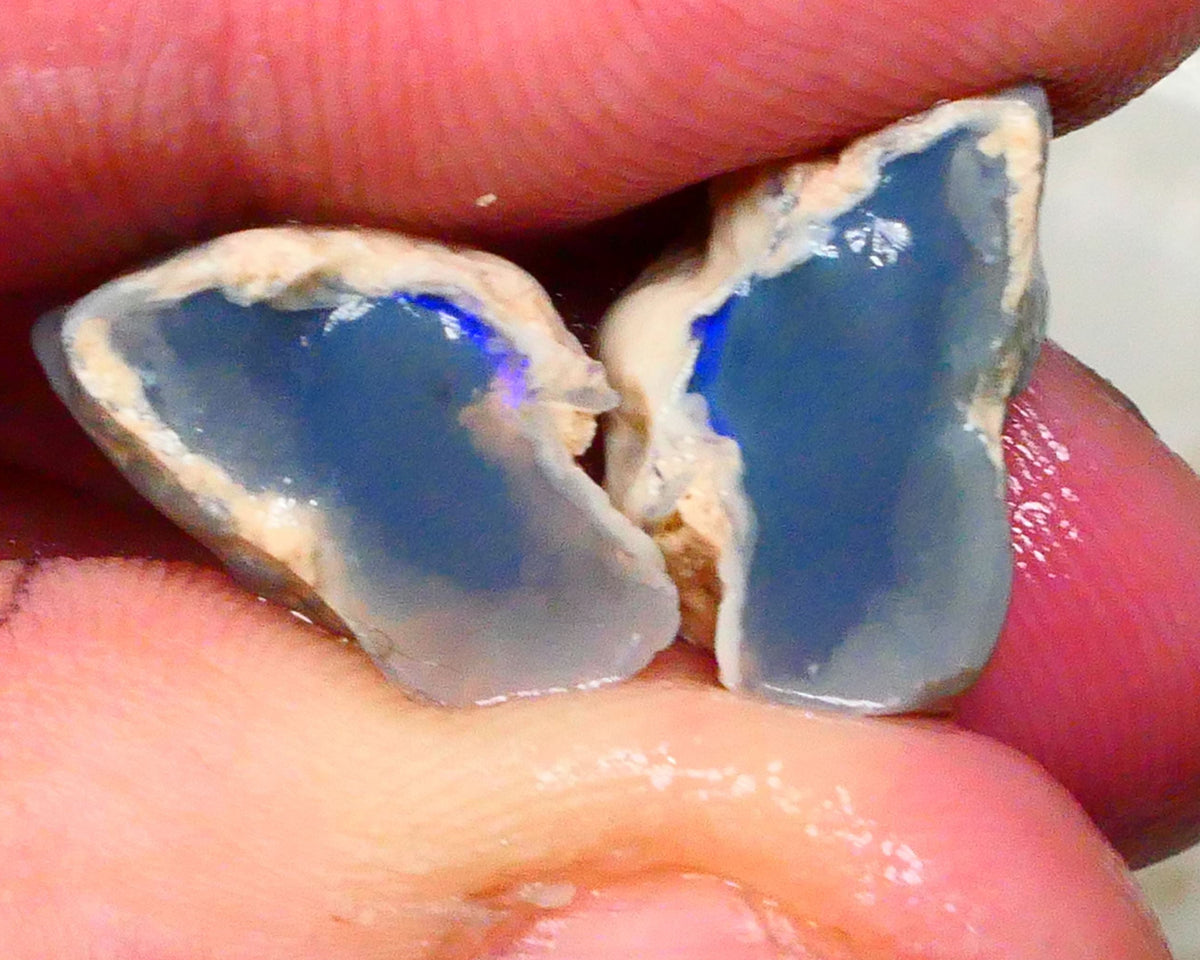 Dark Base knobby opal rough split 15.00cts Lighting Ridge Small area of bar showing some blues 16x11x9mm & 15x10x9mm  Lot B4-A390