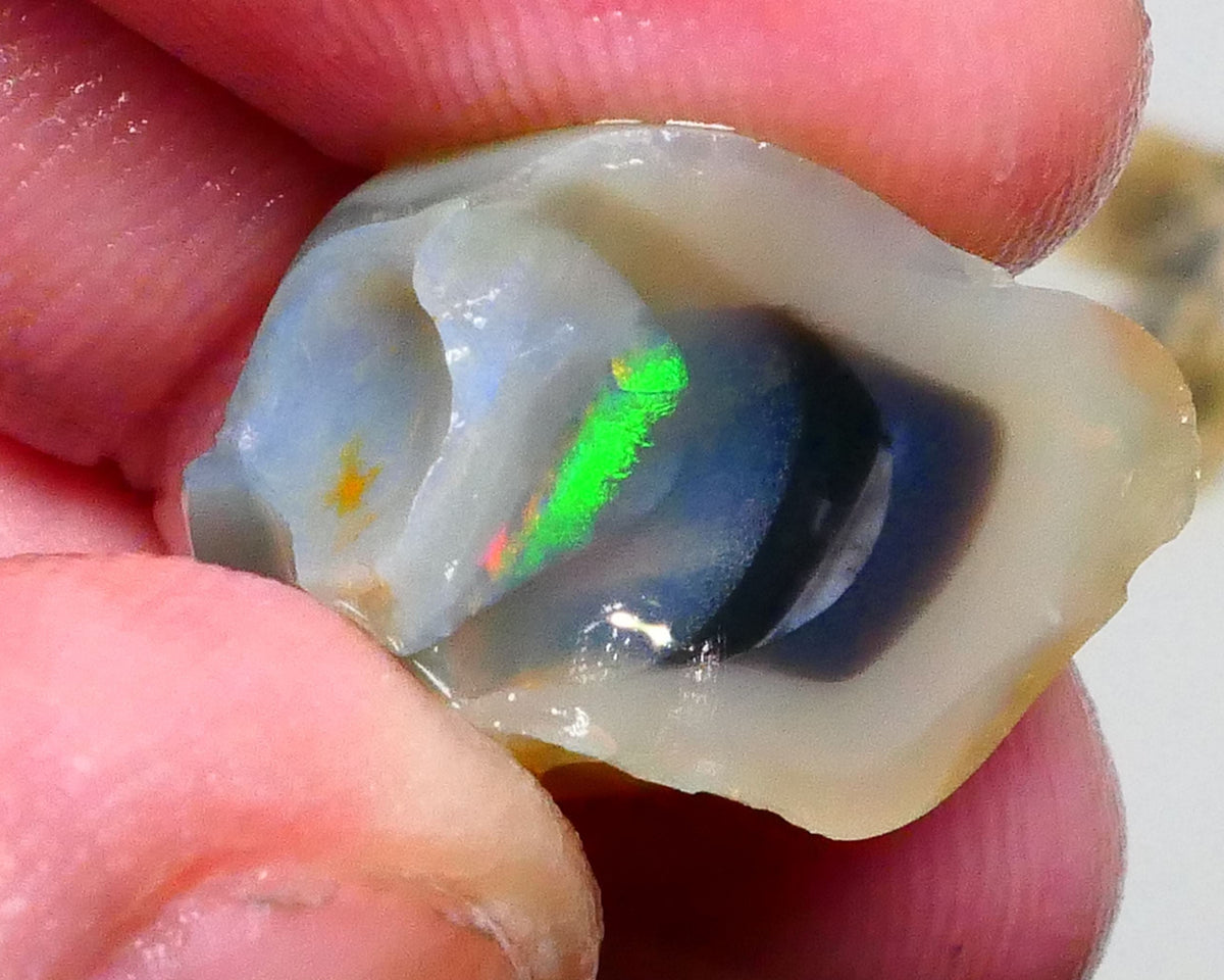 Green dominant Multifires exposed in the bars of this 41.50cts Dark Crystal knobby opal split of Lightning Ridge 22x14x13mm & 18x15x14mm  Lot B4-A458