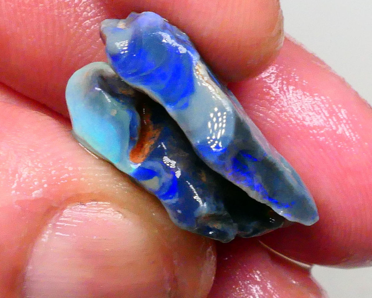 Gorgeous Blues on Dark base seam opal rough pair 22.00cts Lots colour showing to chase & potentially cut here 25x16x9mm & 22x16x5mm  Lot B4-A481