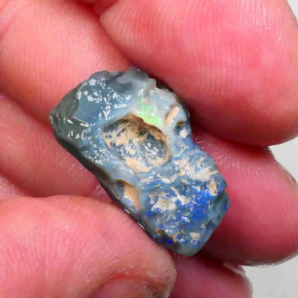 Dark Base Seam opal Rough 8.50cts One side showing lots of Blues small zone of greens on the other Lightning Ridge gamble Cut 23x14x6mm to come Lot B4-A499