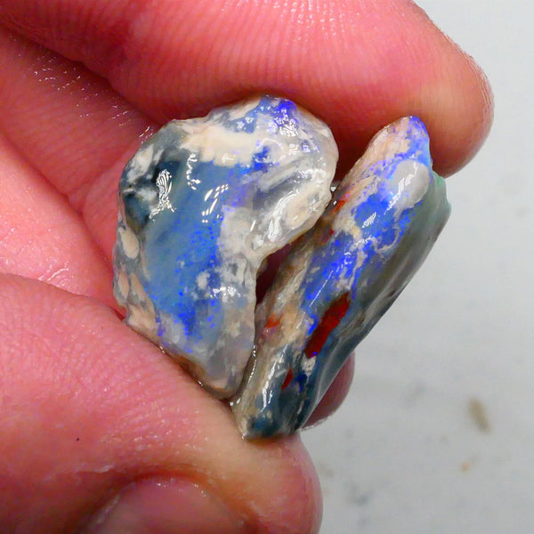 Lots of blues on this pair of Dark base knobby opal rough 24.00cts Lightning Ridge to gamble 24x12x7mm & 20x13x9mm Lot B4-A496