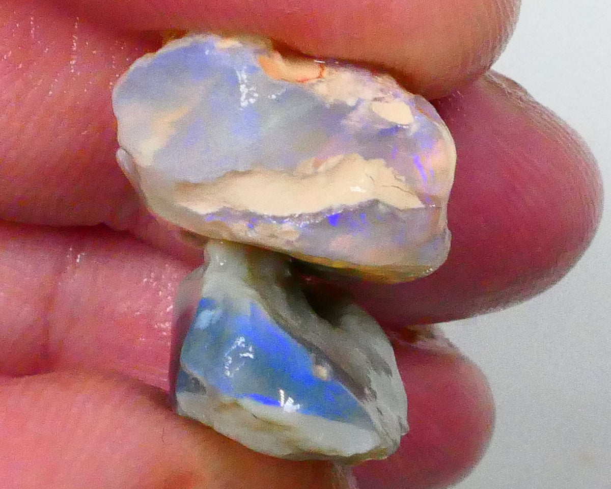 Pair of Lightning Ridge Dark Base Knobby opal rough 25.00cts blue colours to chase 21x16x10mm & 17x12x10mm Lot B4-A535