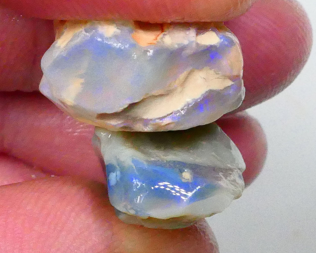 Pair of Lightning Ridge Dark Base Knobby opal rough 25.00cts blue colours to chase 21x16x10mm & 17x12x10mm Lot B4-A535
