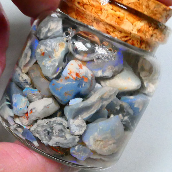 Lightning Ridge Potchy & colours :) 255.00cts Dark Base Knobby Seam Fossil mostly blue fires 15mm to chip size Lot B4-A528