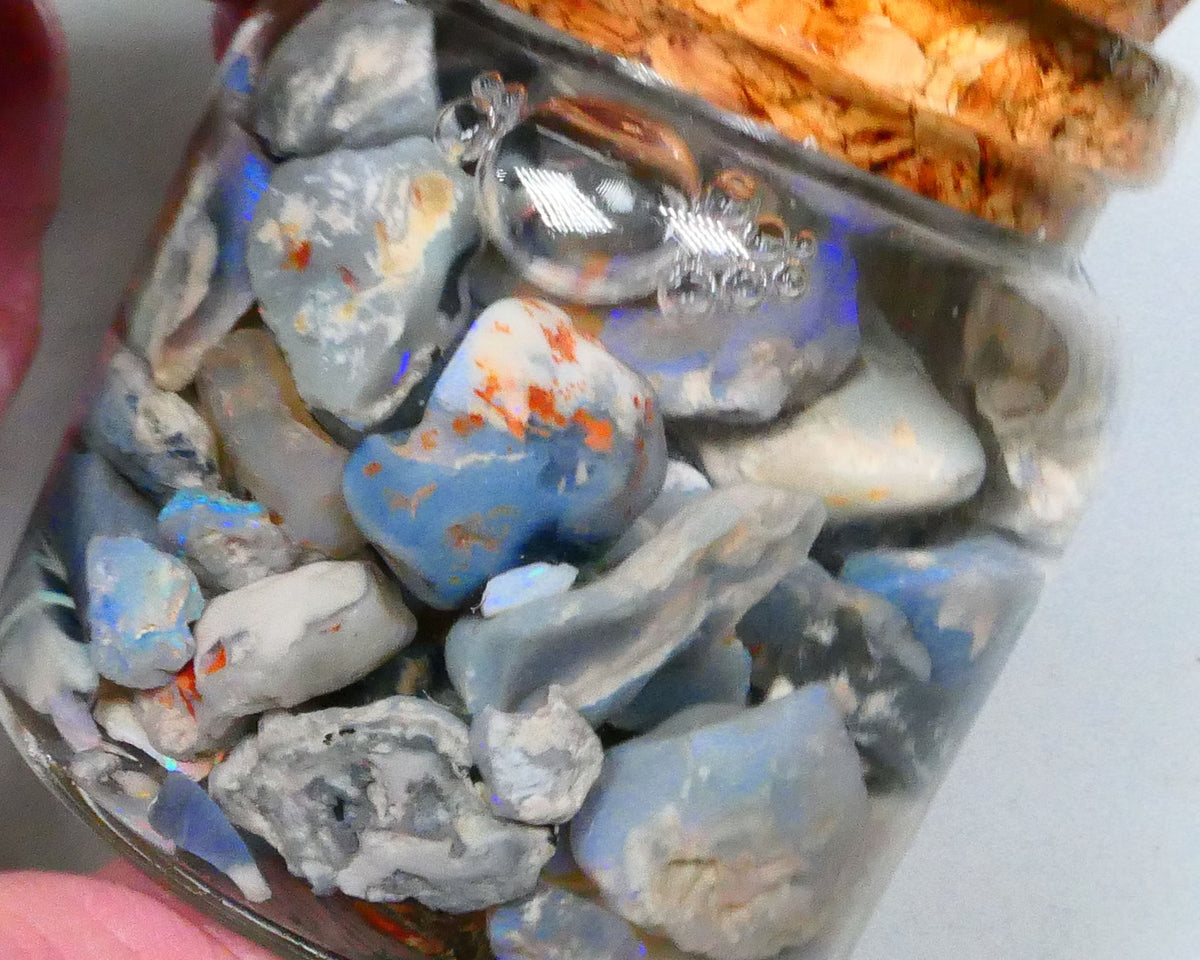 Lightning Ridge Potchy & colours :) 255.00cts Dark Base Knobby Seam Fossil mostly blue fires 15mm to chip size Lot B4-A528
