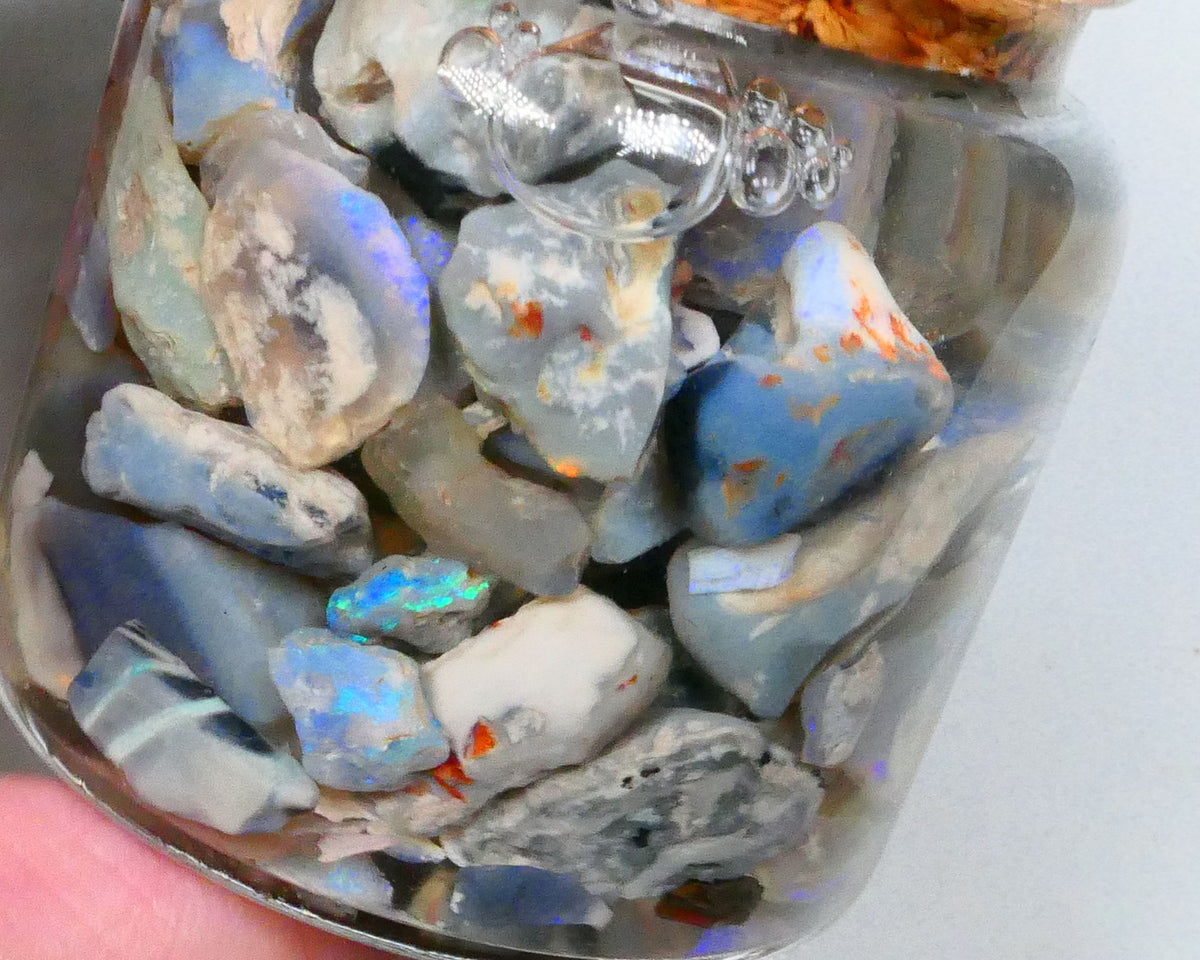 Lightning Ridge Potchy & colours :) 255.00cts Dark Base Knobby Seam Fossil mostly blue fires 15mm to chip size Lot B4-A528