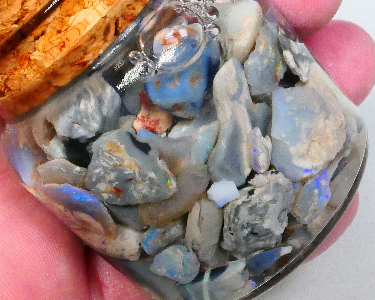 Lightning Ridge Potchy & colours :) 255.00cts Dark Base Knobby Seam Fossil mostly blue fires 15mm to chip size Lot B4-A528