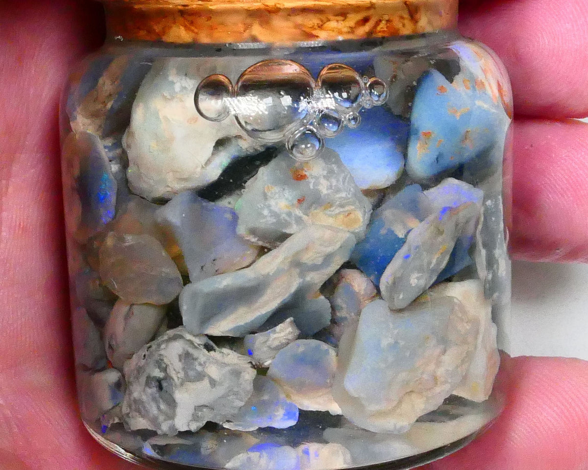 Lightning Ridge Potchy & colours :) 255.00cts Dark Base Knobby Seam Fossil mostly blue fires 15mm to chip size Lot B4-A528