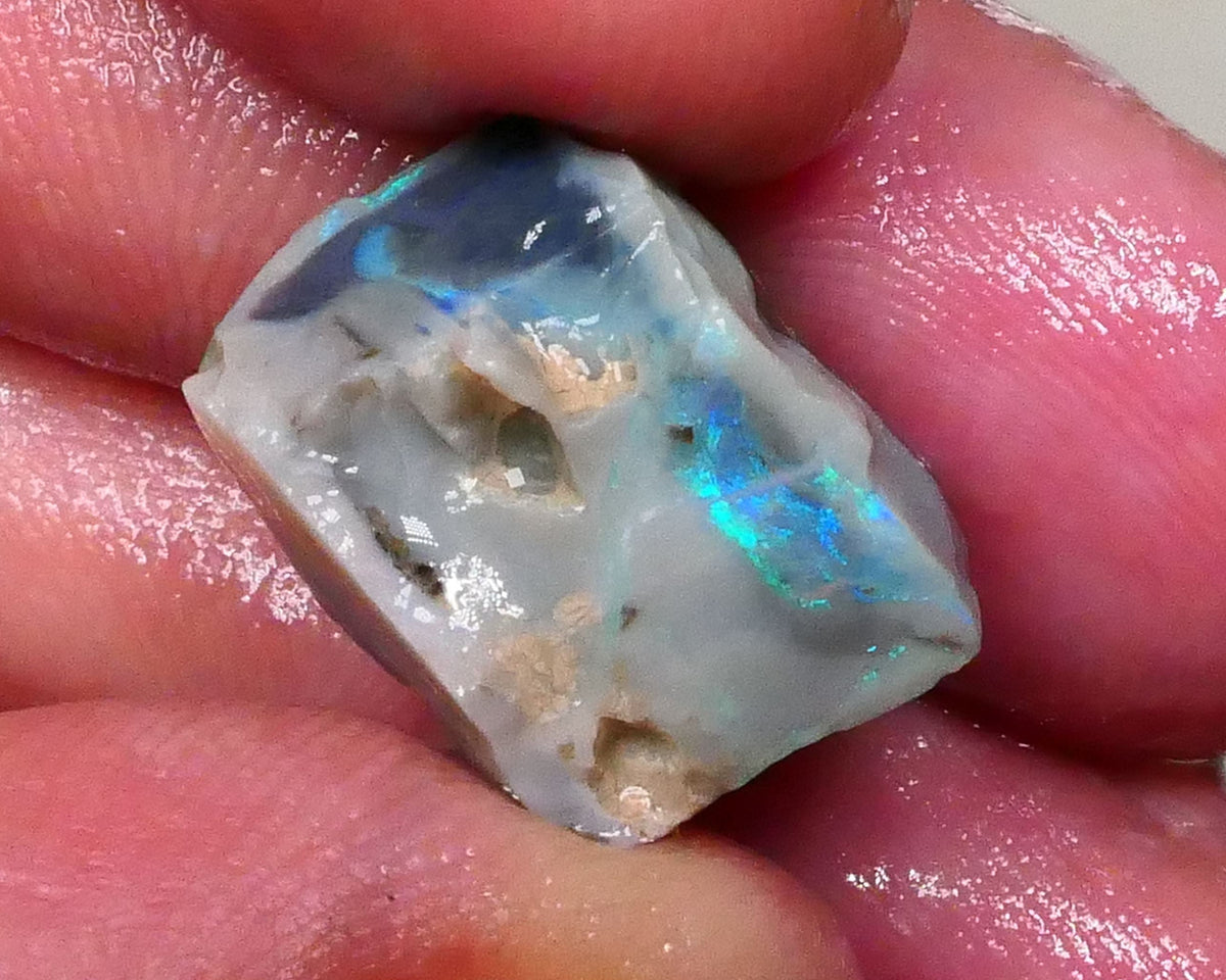 Aqua/Teal/Green/Blue on Dark seam opal rough 17.00cts Bar shows on 2 sides & through top skin but what's inside ? Lightning Ridge cutters Gamble  16x13x11mm Lot B4-A578