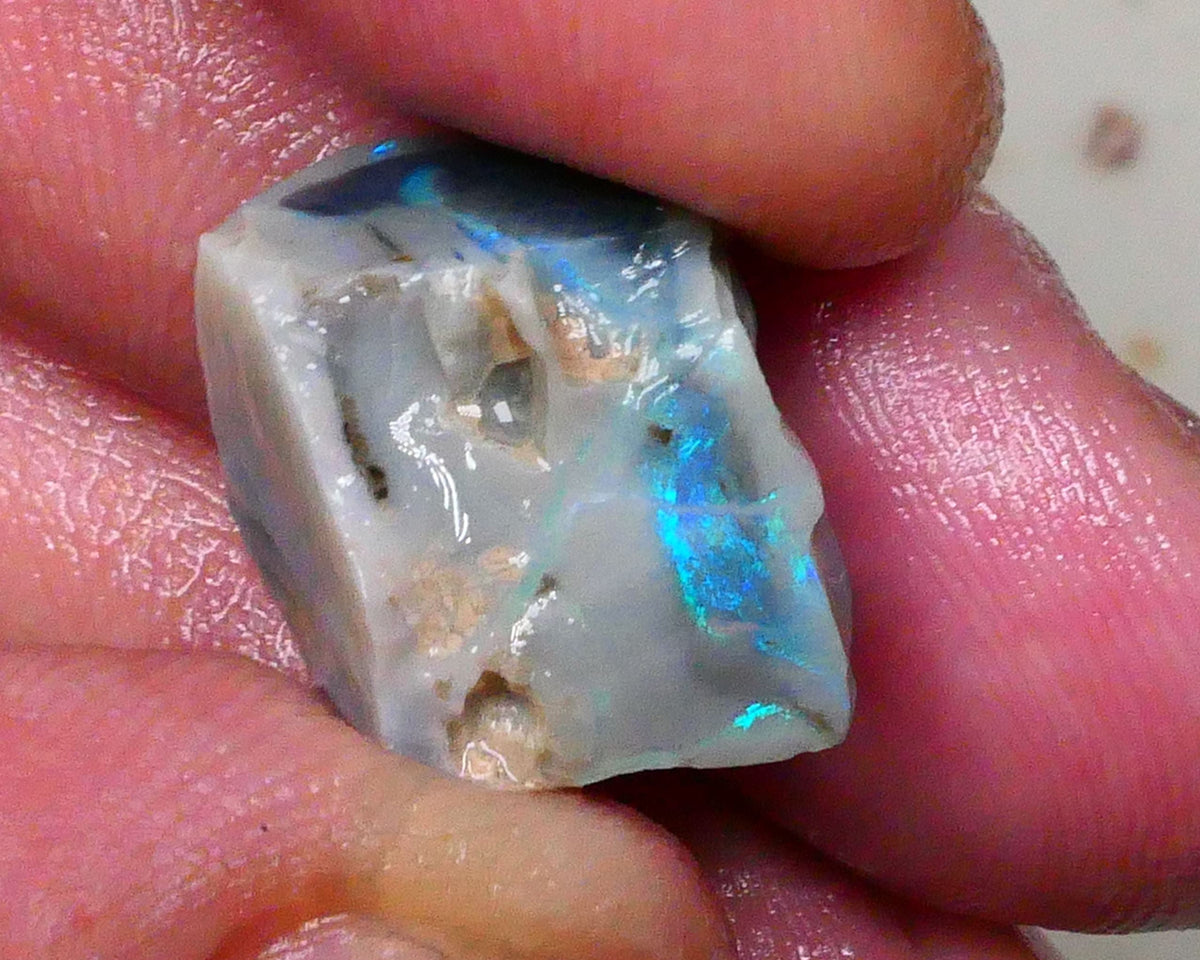 Aqua/Teal/Green/Blue on Dark seam opal rough 17.00cts Bar shows on 2 sides & through top skin but what's inside ? Lightning Ridge cutters Gamble  16x13x11mm Lot B4-A578