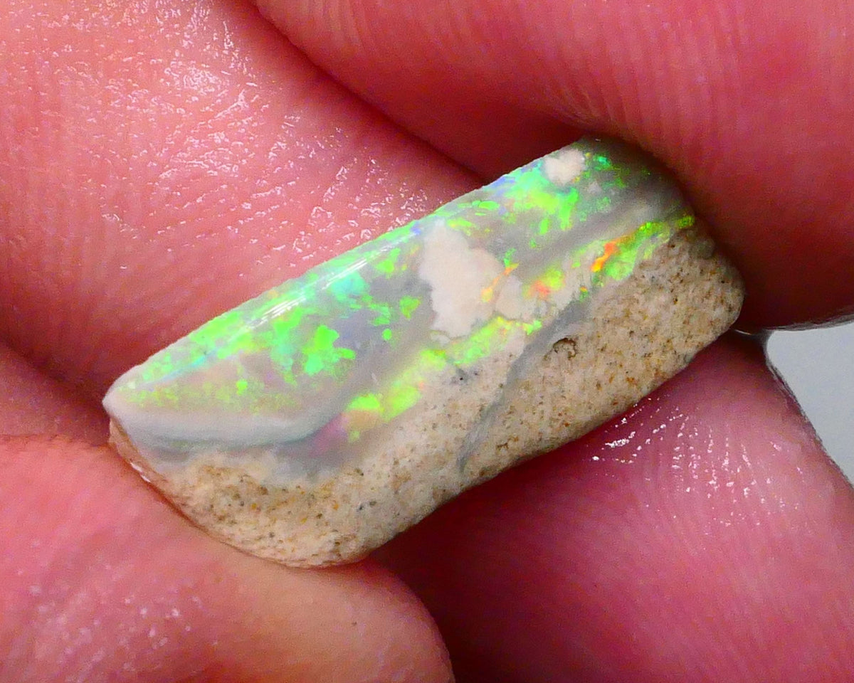 DEAL GEM BRIGHT SEAM RUB  Bling Super Bright Green dominant Fires on this Lightning ridge opal rub 6.95cts 21x9x5mm  Lot B4-A600