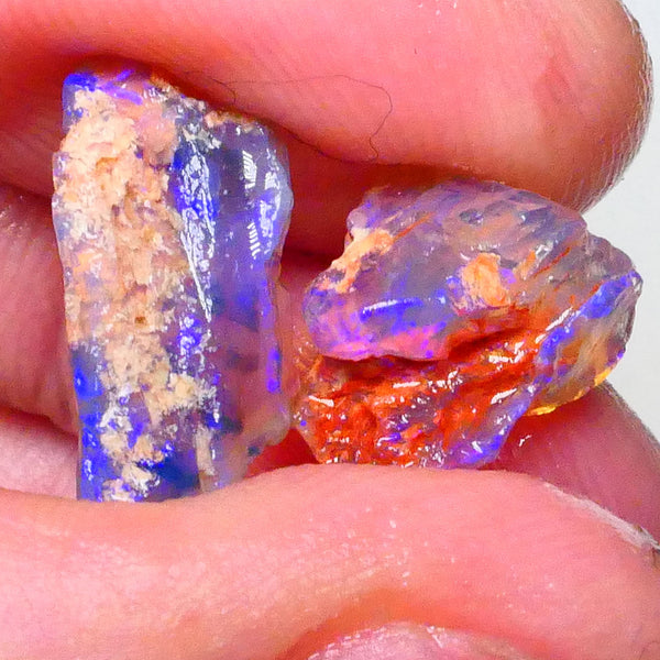 dark Crystal opalised wood fossil rough pair 7.75cts Lightning Ridge Material Loaded with blues 17x9x5mm & 12x10x7mm Lot B4-A634