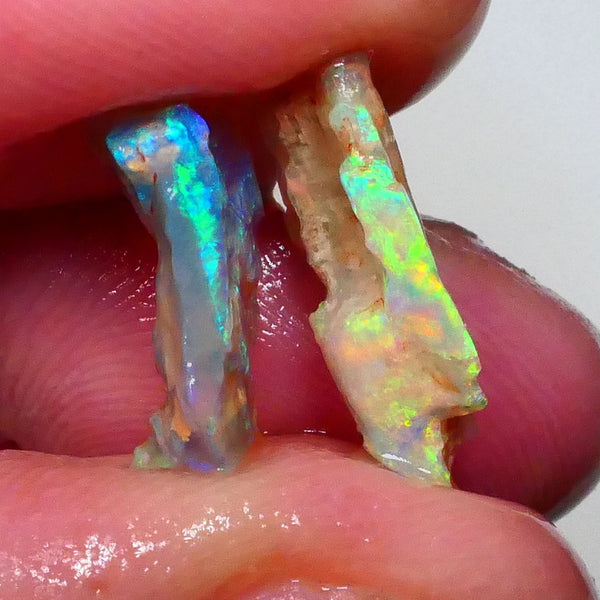 Pair Lightning ridge opalised wood fossils rough 5.25cts Super Bright Multicolours to chase 18x10x4mm & 16x9x4mm   Lot B4-A630