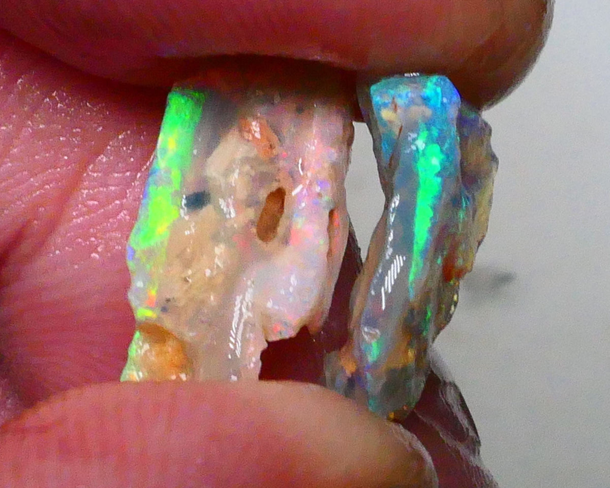 Pair Lightning ridge opalised wood fossils rough 5.25cts Super Bright Multicolours to chase 18x10x4mm & 16x9x4mm   Lot B4-A630