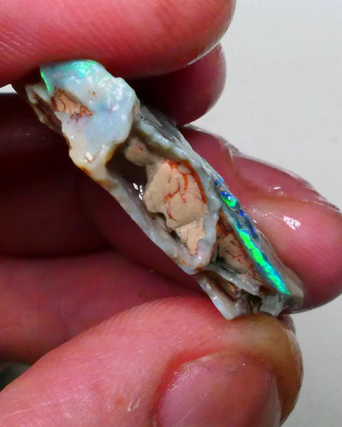 Nice Sized Grey base seam opal rough 19.00cts Lighting Ridge Bright Green & blues to cut 35x23x6mm  Lot B4-A788