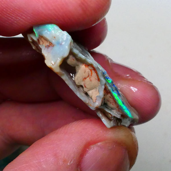 Nice Sized Grey base seam opal rough 19.00cts Lighting Ridge Bright Green & blues to cut 35x23x6mm  Lot B4-A788