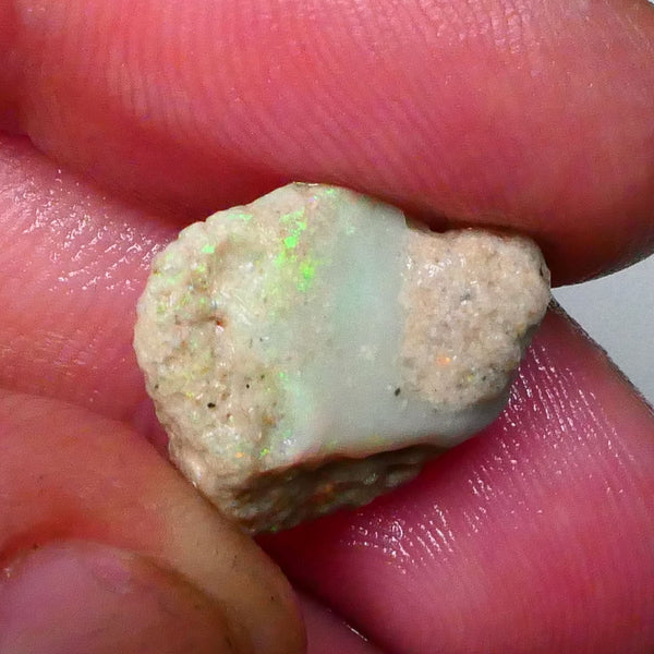 untouched Lightning Ridge seam opal formation rough 6.80cts Bright Vibrant zone of Green dominant fires poking through the skin 17x15x7mm Lot B4-A658