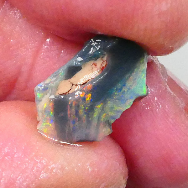 Reds & Multifires to exposed face Small bit of Bling 1.60cts Rub/rough opal of Lighting Ridge dark base to finish & polish 14x9x2mm 14x9x2mm Lot B4-A735